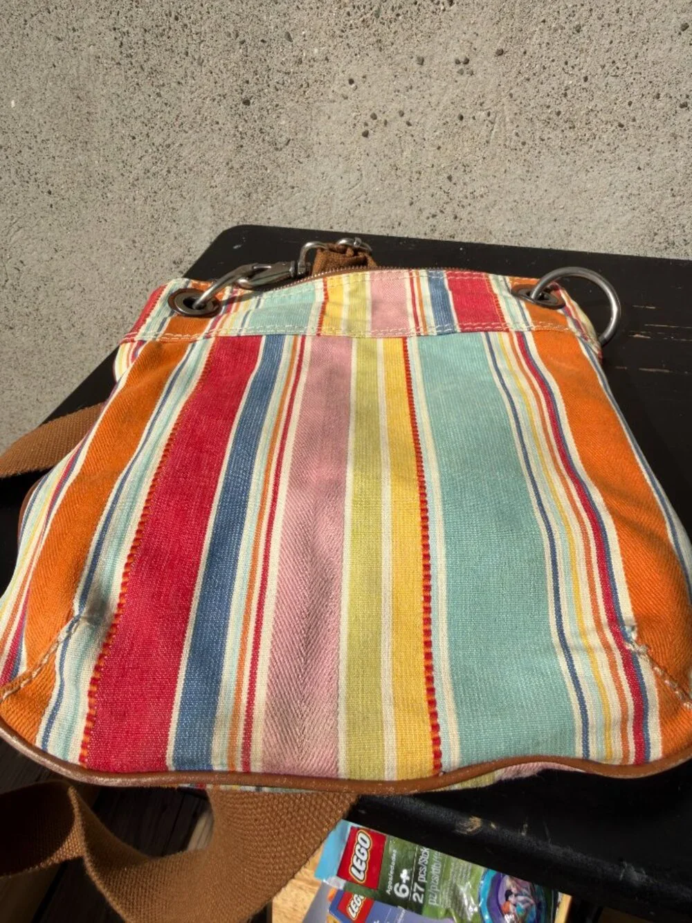 FOSSIL COLORFUL STRIPED CANVAS CROSSBODY SHOULDER BAG PURSE LEATHER TRIM